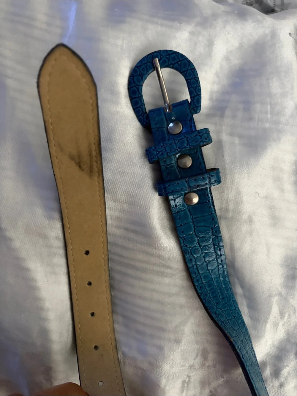 Teal Croc-Embossed Skinny Belt S/M USA